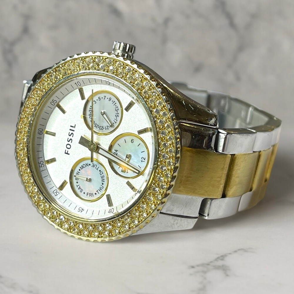 Fossil Stella Womens Two-Tone Watch with Rhinestone Bezel & Mother of Pearl Dial - Functional