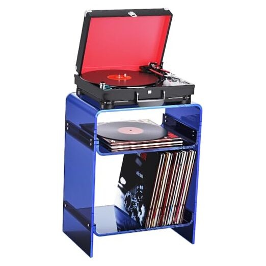 Clear Acrylic Record Player Side Table with Dark Blue Storage Shelf