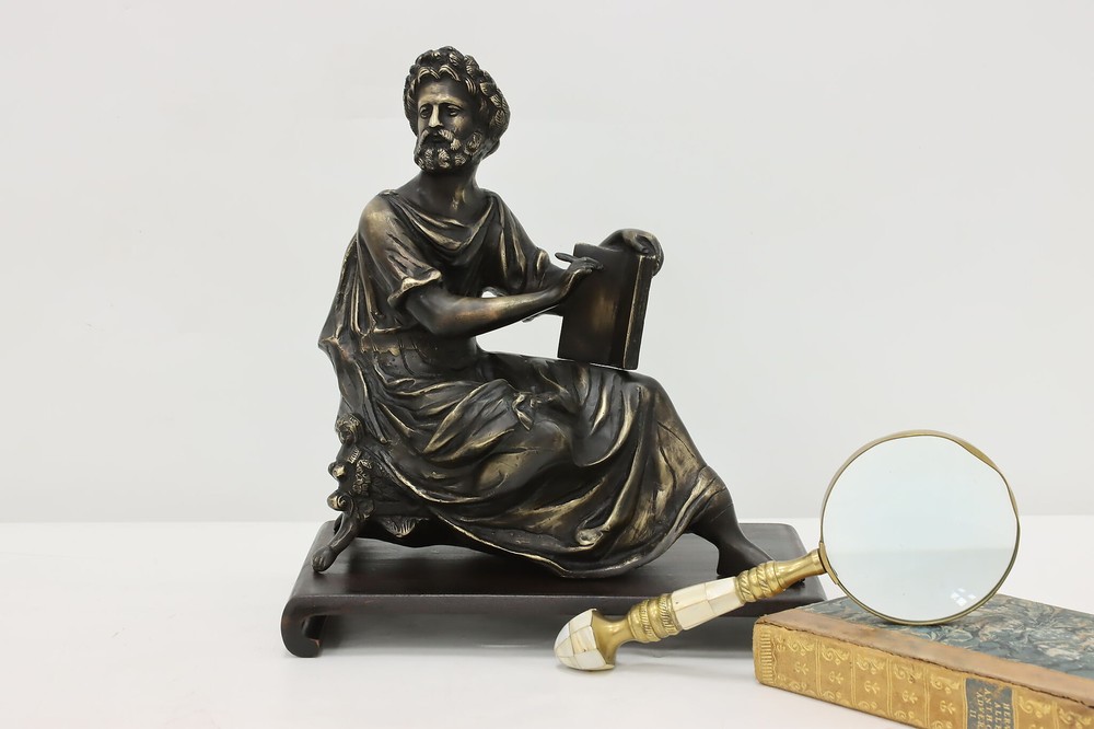 Greek Philosopher Antique Bronze Statue on Birch Wood Base #52050