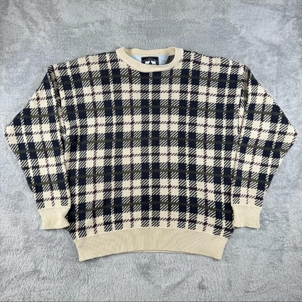 Woods & Gray Sweater Mens XL Beige Black Plaid Cotton Crewneck Pullover Tartan
