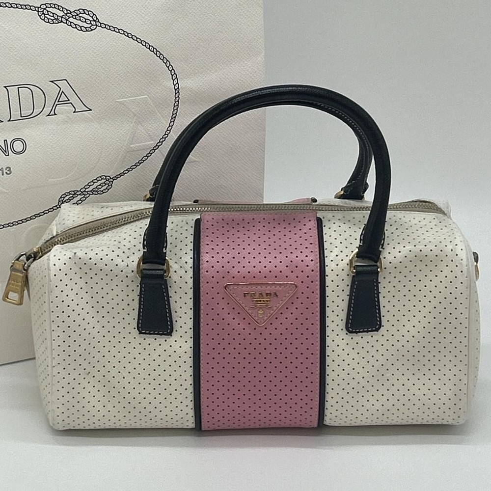 Prada Mini Boston Tote in Punching Leather White & Pink Japan Import