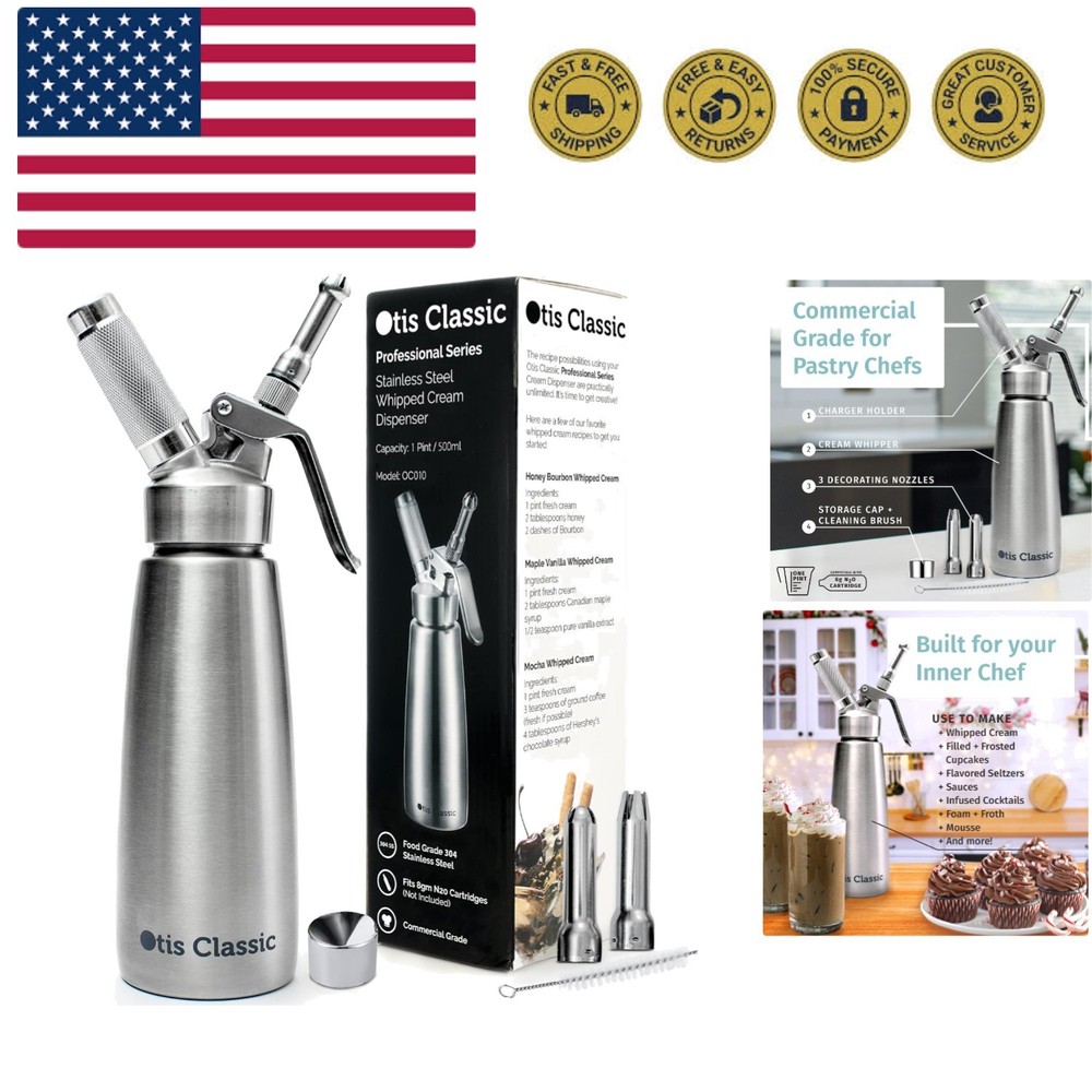 304 Stainless Steel Whipped Cream Dispenser, 500ml w/ 3 Decorating Nozzles - ...