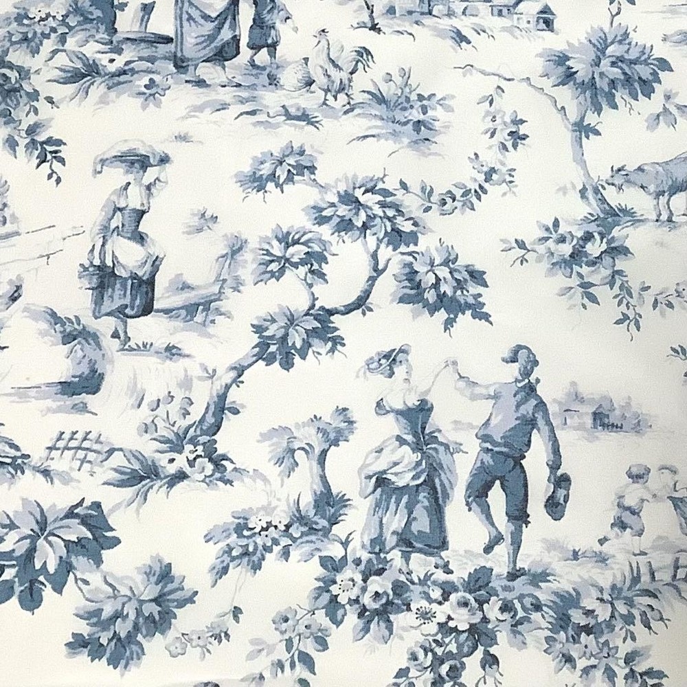 Elegant Blue Cotton Voile Fabric with Village Scene - 1m YUWA Toile de Jouy