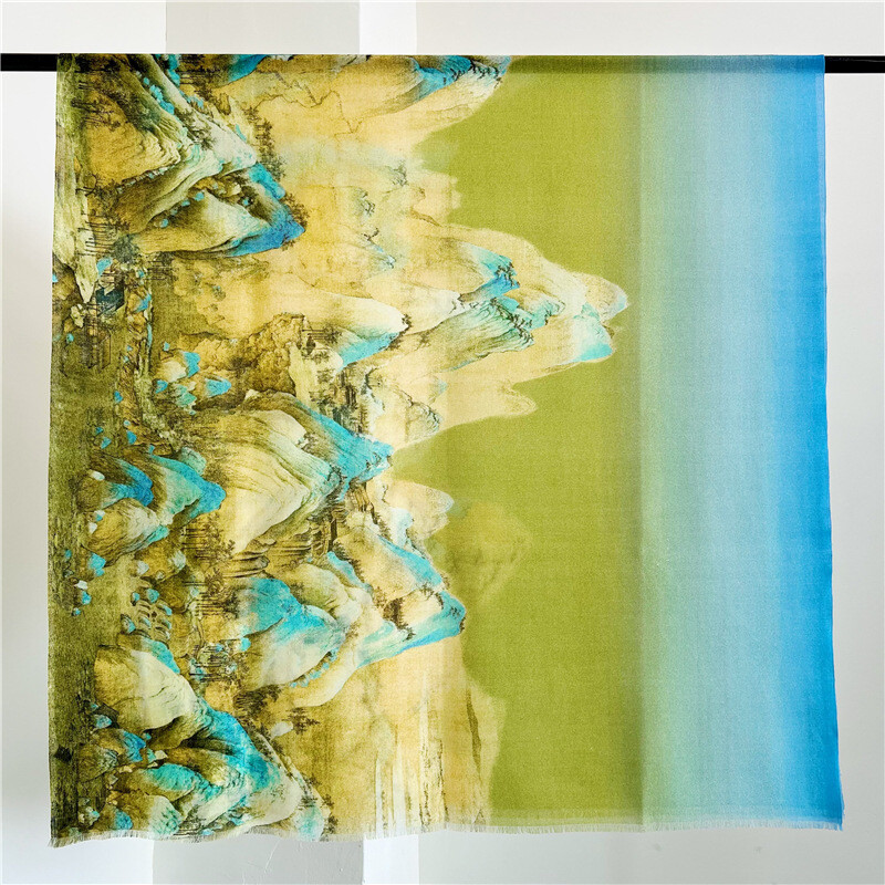 Pure 300s Cashmere Scarf Shawl in Soft Delicate Green Jiangshan Print 78x39 Inches