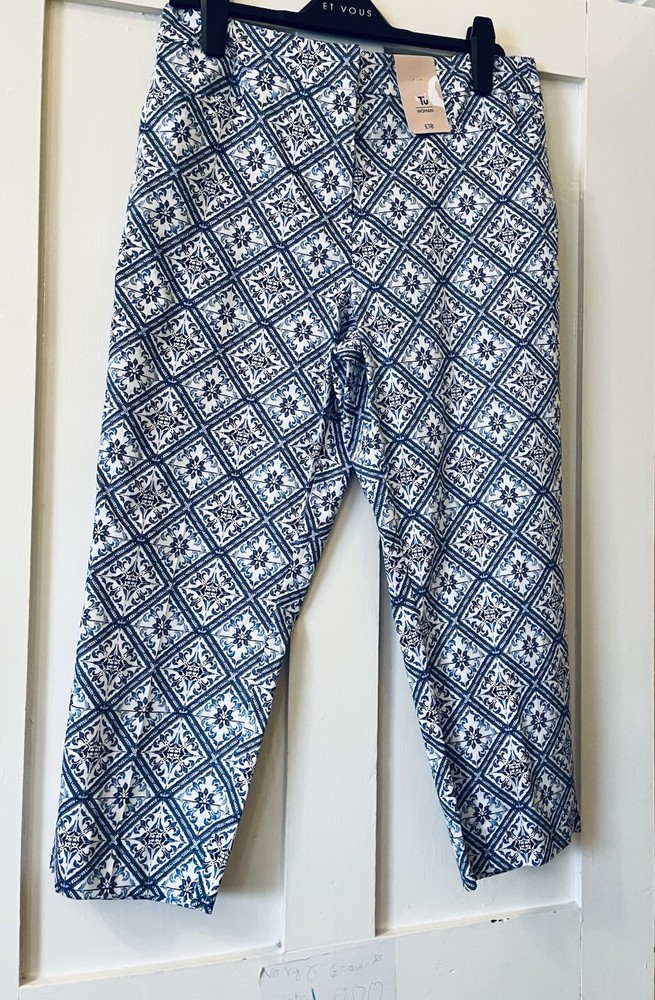 BNWT TU Blue & White Riviera Tile Print Stretch Canvas Trousers UK14 L22