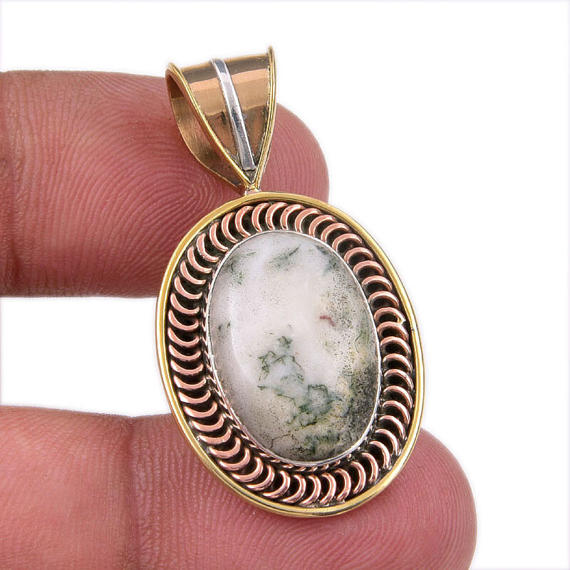 Natural Green Dendrite Opal 925 Sterling Silver Gift TwoTone Pendant 1.50