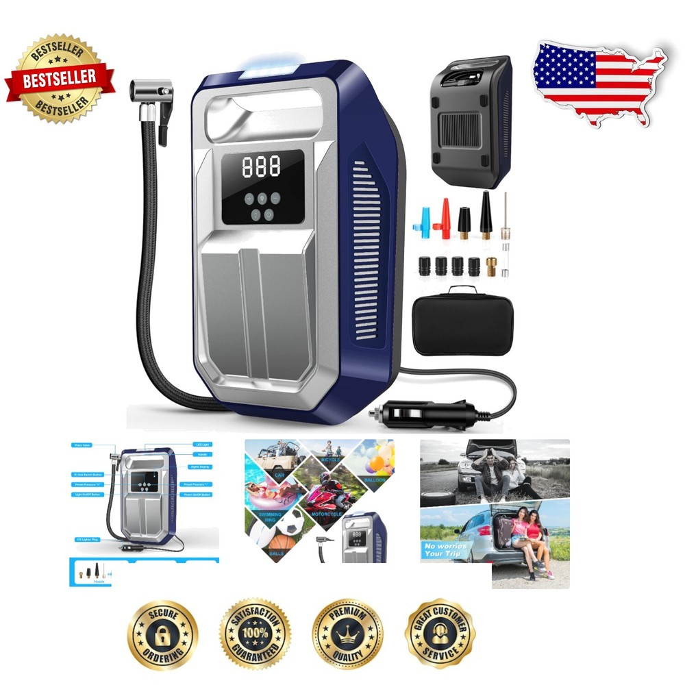 Portable Tire Inflator with Multi-Nozzle & SOS Light - Safe & Reliable Air Pump