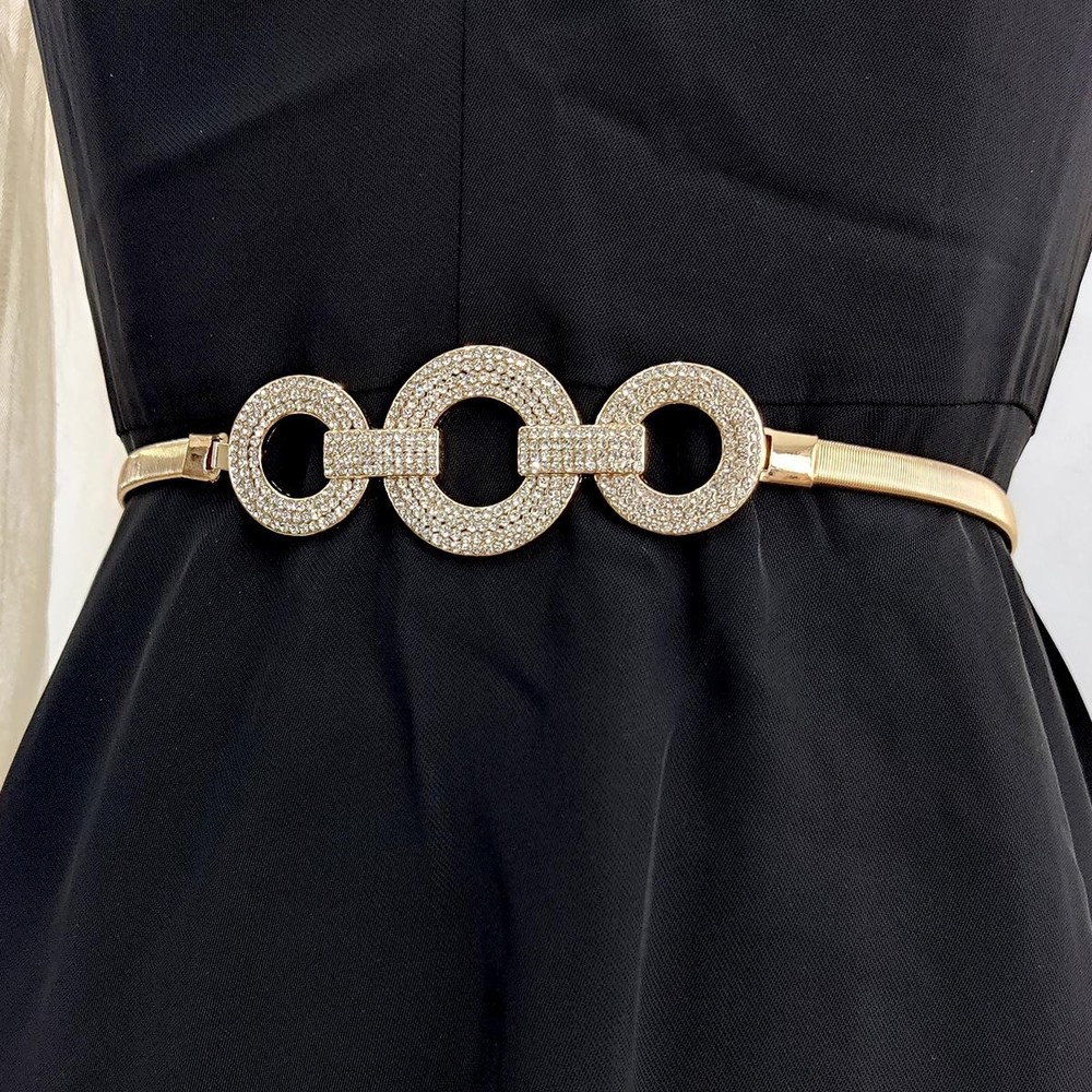 Elastic Gold Chain Belt with Rhinestones for Women Stretch Waist Dress Metal