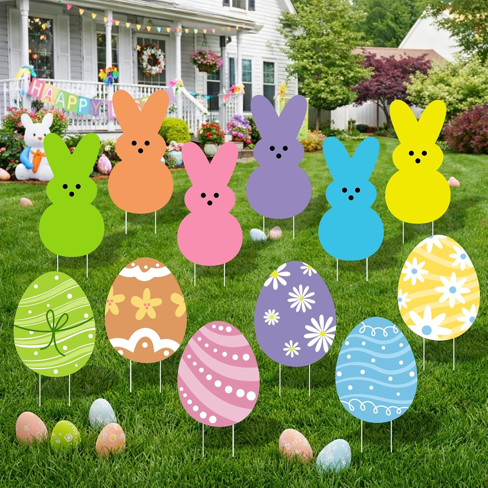 Large Easter Yard Signs 12Pcs with Stakes Welcome Peeps Bunny Eggs Decorations O
