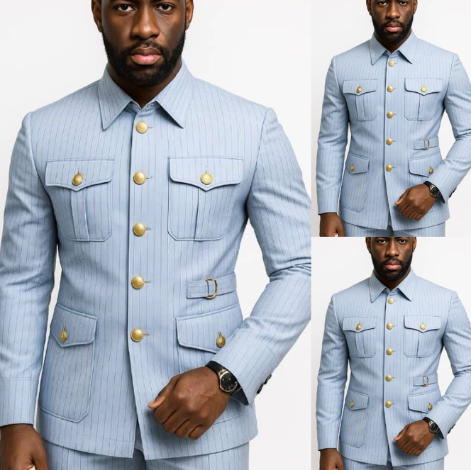 Sky Blue Striped Men's Suits Safari Jacket Outdoor Hunting Wedding Groom Tuxedo