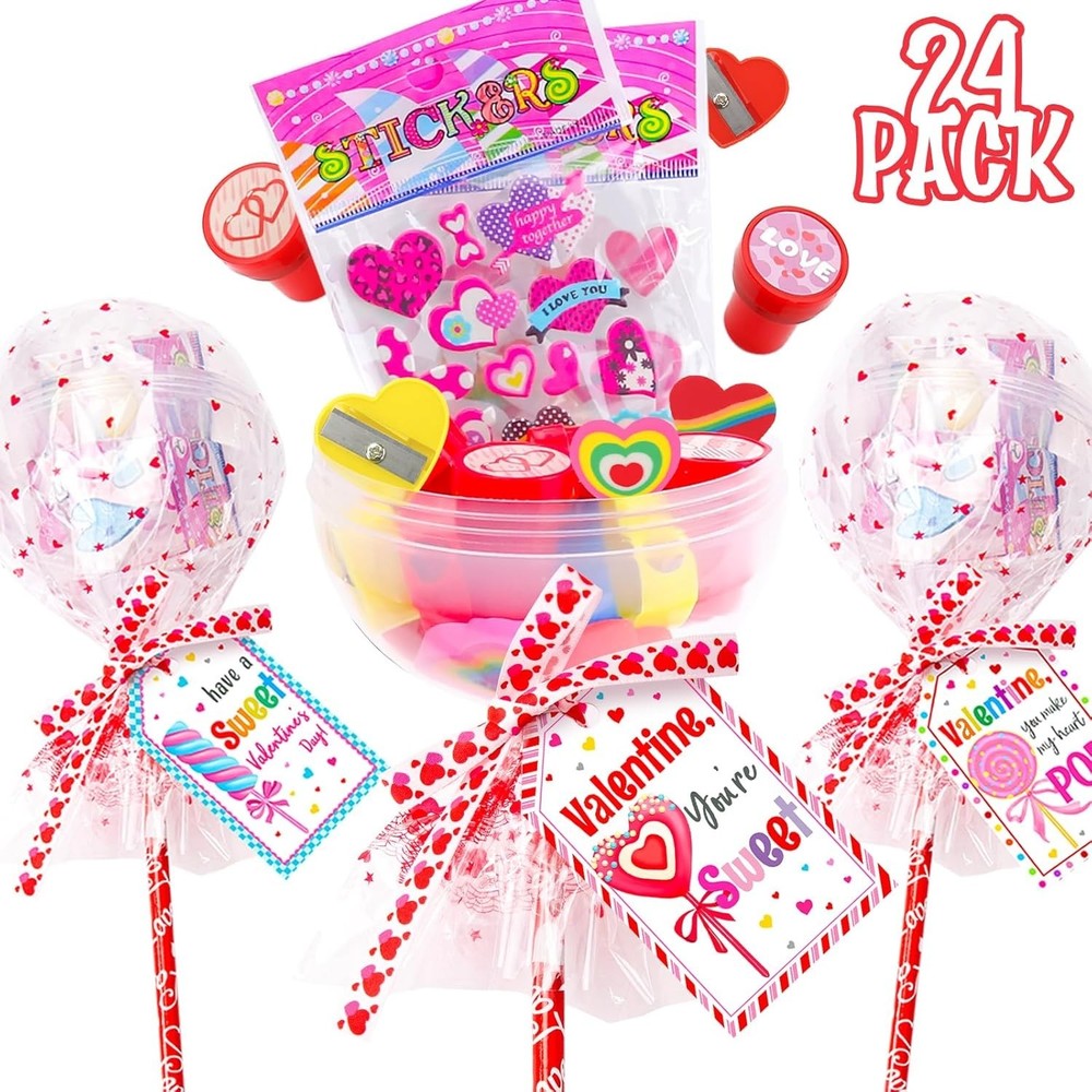 Valentine’s Day Stationery Gift Set 24 Pack Lollipop Party Favors Kids