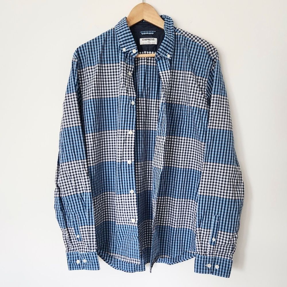 Express  Men's Button Down Shirt Large Gingham Plaid Blue White Check Striped