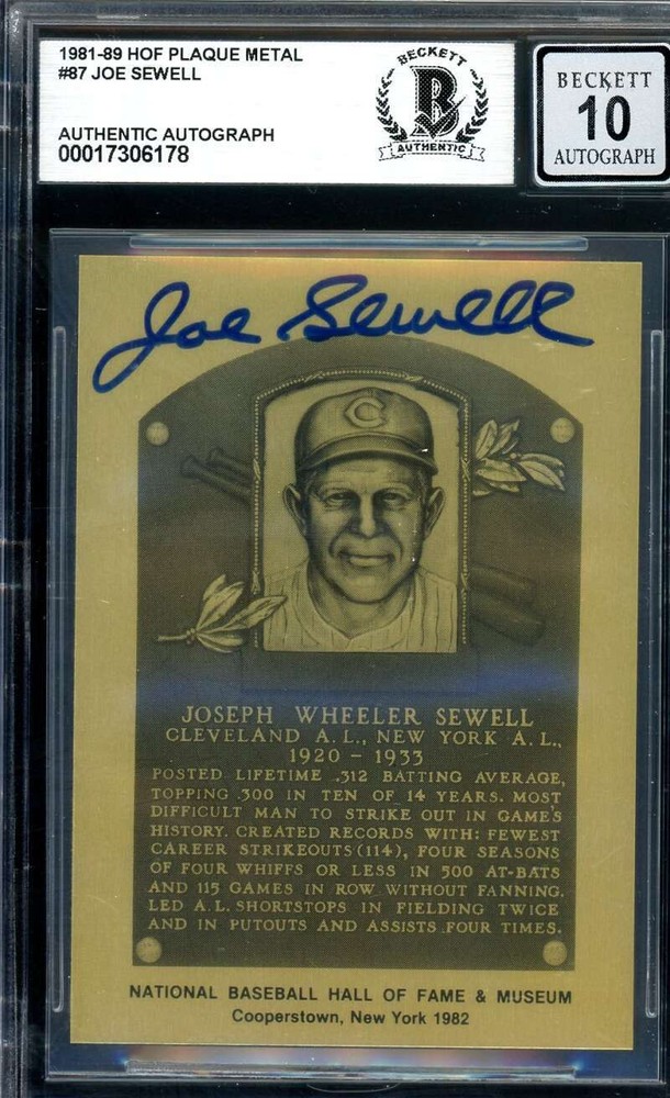 Joe Sewell Gem Mint 10 Beckett BAS Signed 1981-89 Metallic Hall Of Fame Plaque