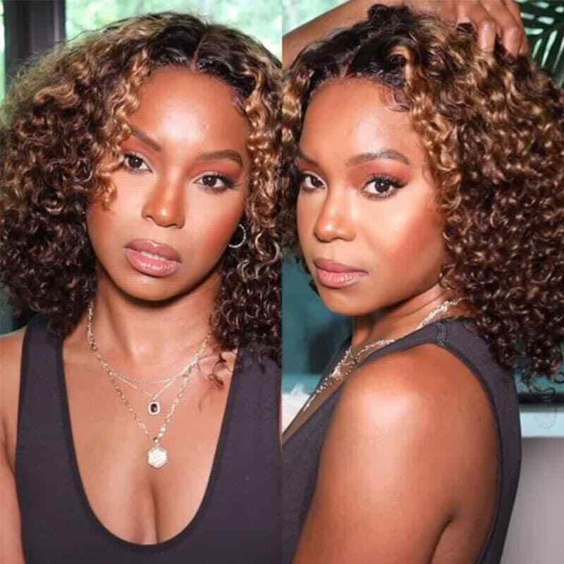 Honey Brown Ombre Deep Curly Bob Wig with 4x4 Lace Closure for Bouncy Volume