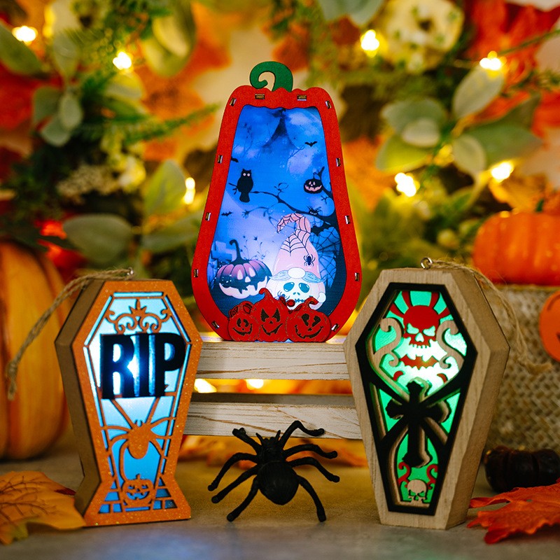 Halloween Decorations Light-Up Wooden Pumpkin Pendant Box