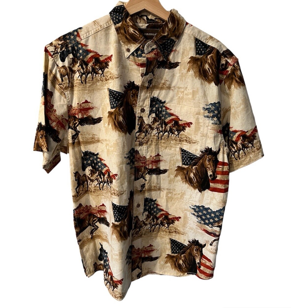 Bit & Bridle Button Front Shirt Mens Sz M Western Patriotic USA Horses cowboy
