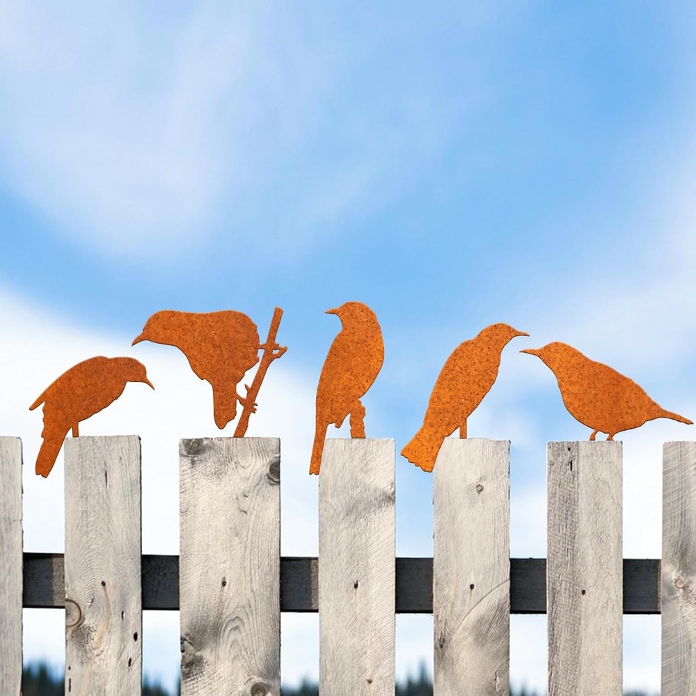5PCS Rustic Metal Bird Sculptures for Garden Fence and Yard Decor