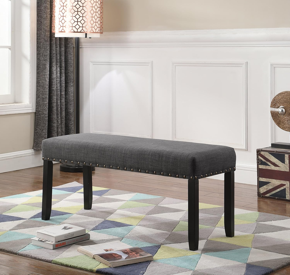 Biony Grey Fabric Dining Bench with Stylish Nailhead Trim  