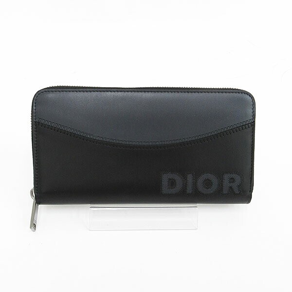 Authentic Christian Dior Black Leather Logo Zip-Around Long Wallet