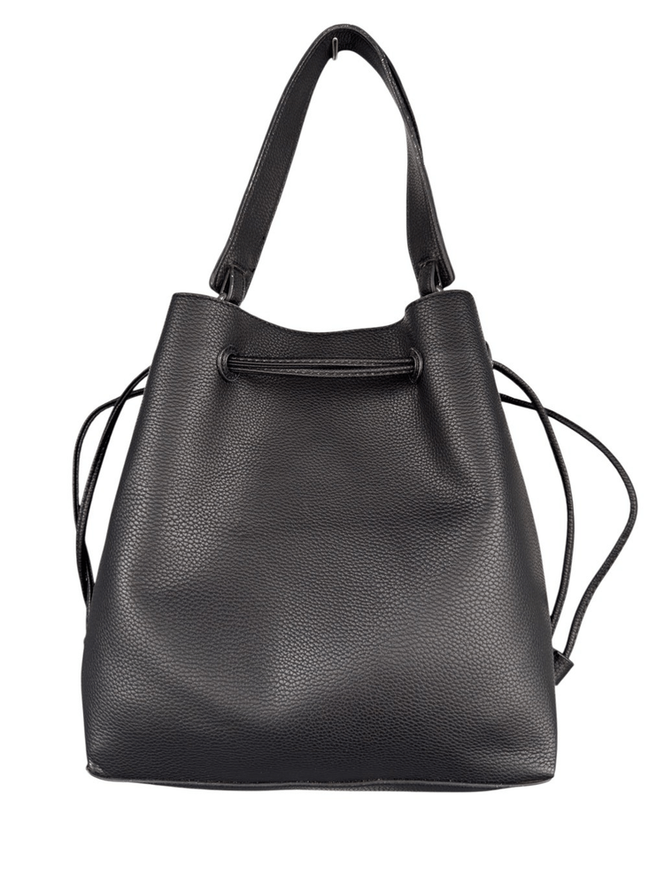 Pebbled Vegan Leather Drawstring Detachable Strap Bucket Bag Black