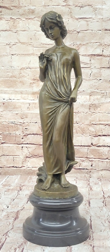 Vintage Victorian Bronze Marble Maiden Garden Statue Art Deco Sculpture