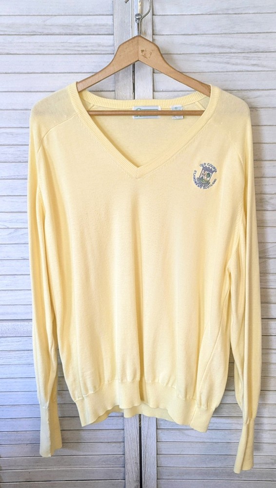 Men's Vtg Old Course St Andrews Scotland Yellow V Neck Cotton Golf Sweater Sz XL
