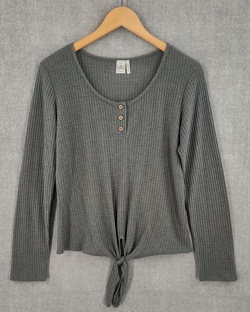 Anthropologie Green Cropped Waffle Knit Henley Sweater Womens Medium Paper Crane