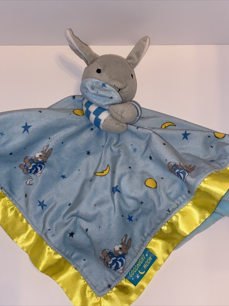 Goodnight Moon Bunny Rabbit Lovey Plush Security Blanket Gray Blue Yellow Satin