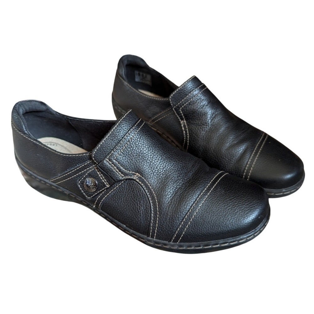 Clarks Cora Poppy Loafer Shoes Round Toe Slip On Full Grain Leather Black Size 8