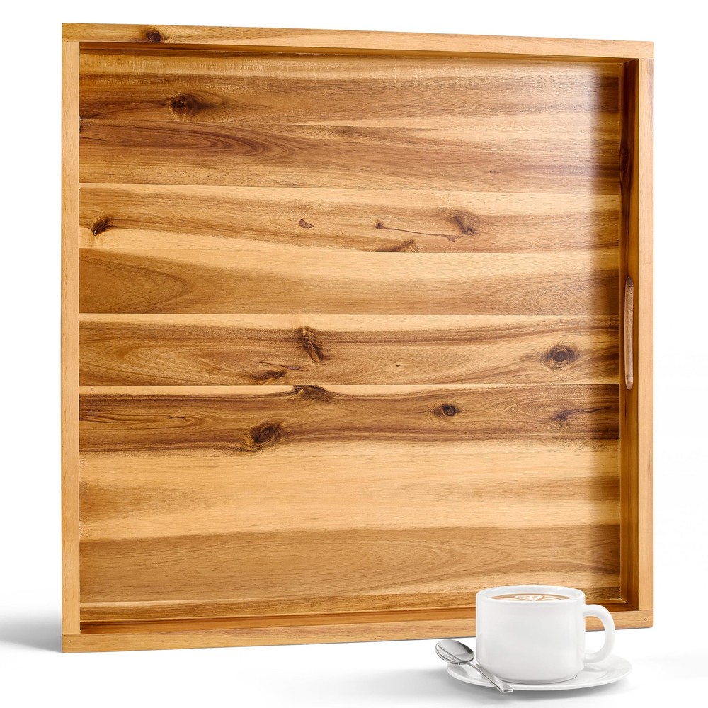 20 Inch Acacia Wood Ottoman Tray with Handles - Square Serving Tray