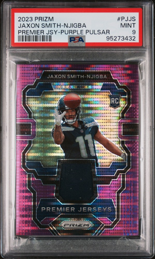 Jaxon Smith-Njigba 2023 Prizm Premier Jerseys Purple Pulsar Patch Rookie PSA 9!