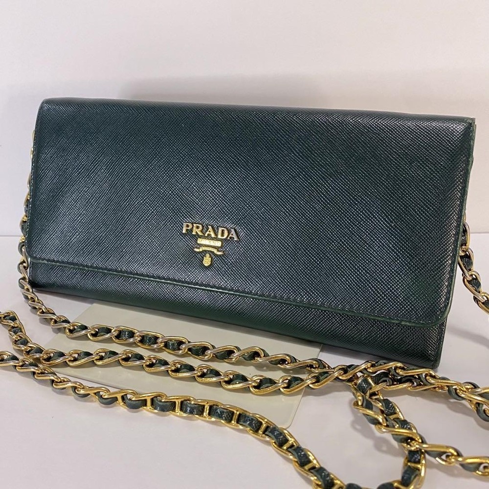 Prada Saffiano Leather Dark Green Chain Shoulder Bag Wallet Pre-Owned