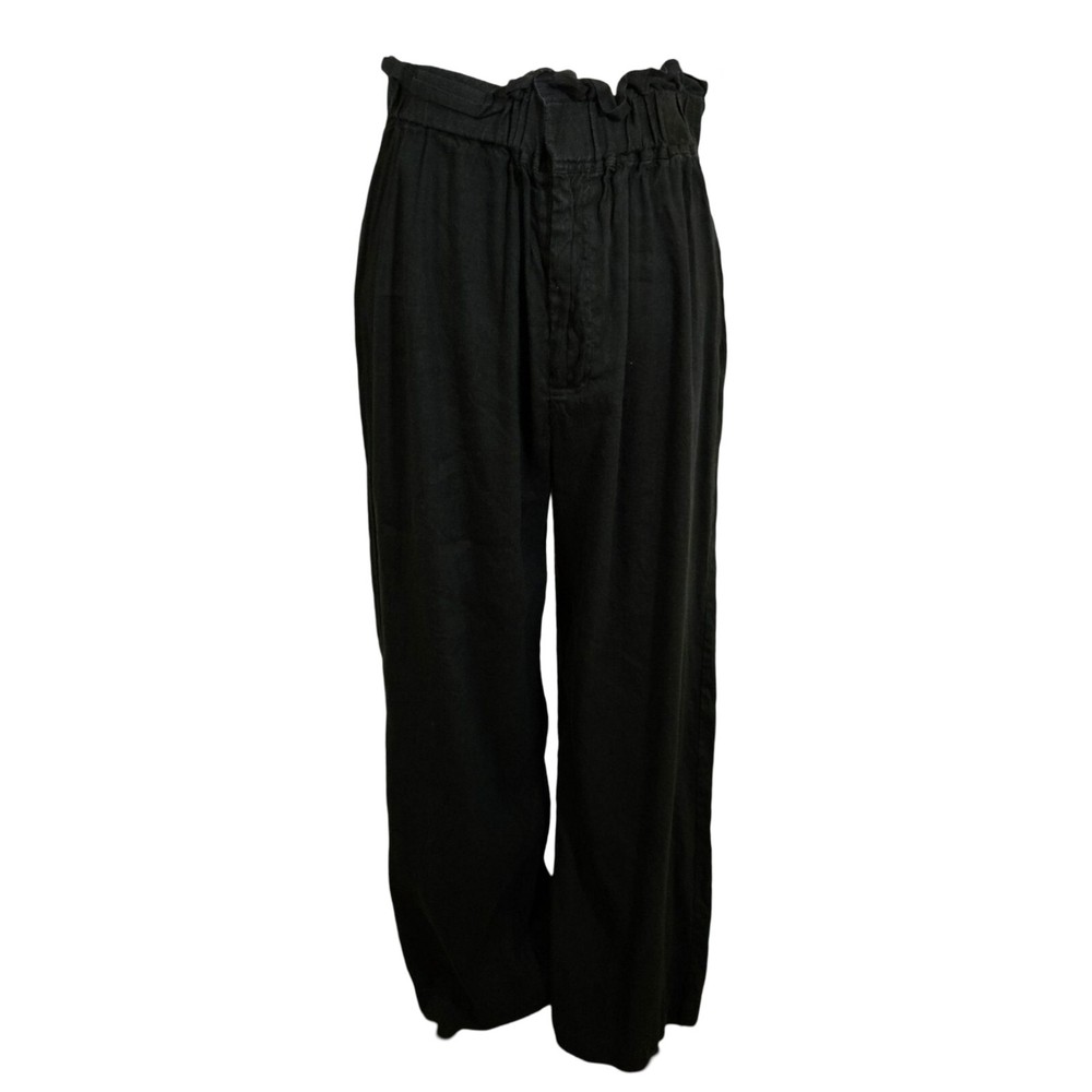 Gianni Bini Paperbag Style Straight Leg Linen Blend Pants, Black, Large