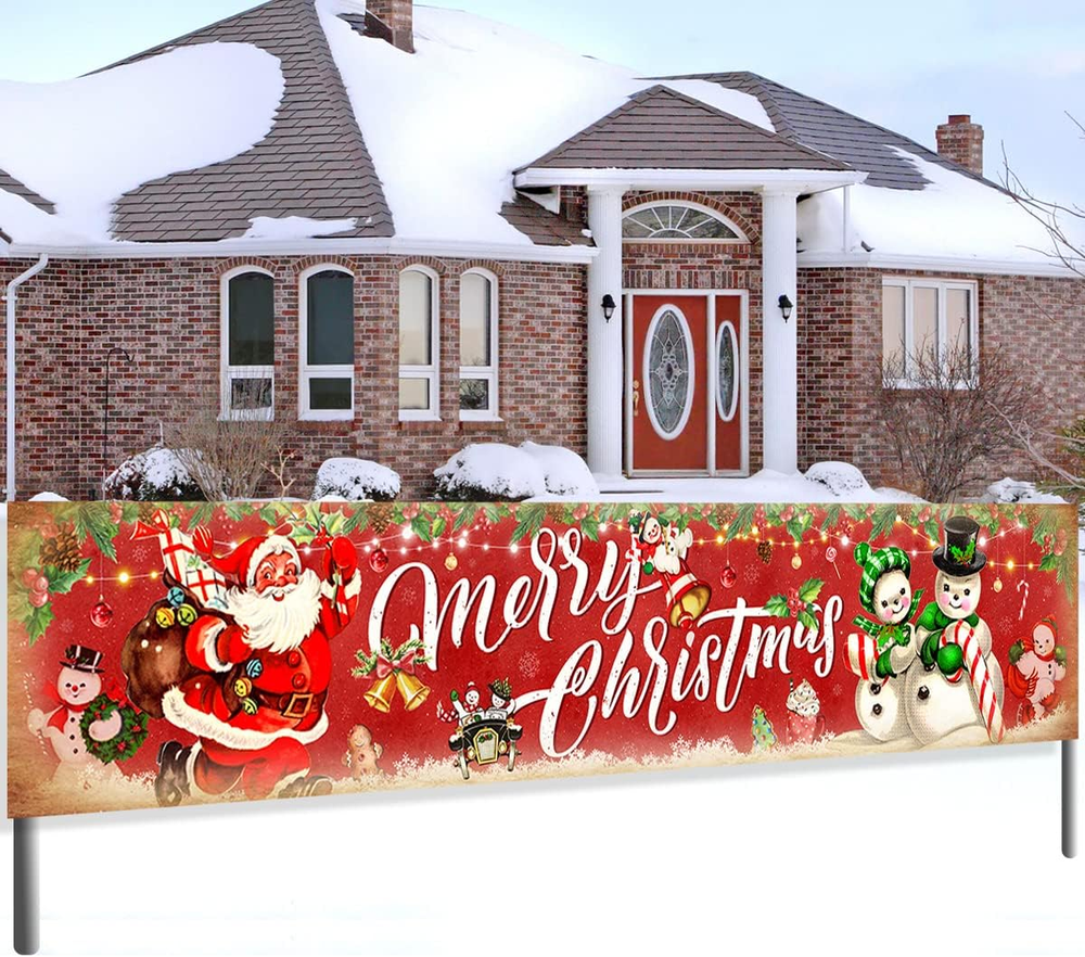 Vintage Christmas Decorations-Merry Christmas Banner,Large Retro Red Yard Sign X