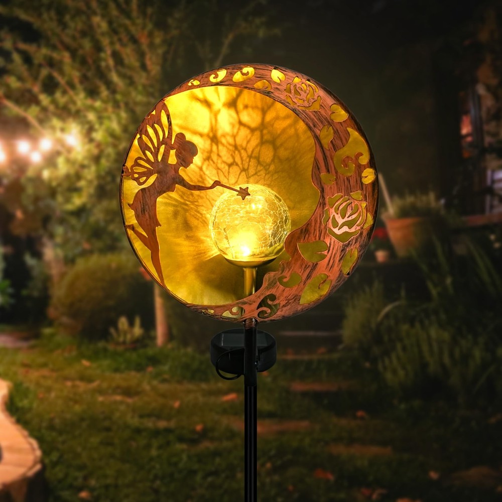 Fairy Solar Garden Light Outdoor Decorative Moon Star Stake Metal Statue