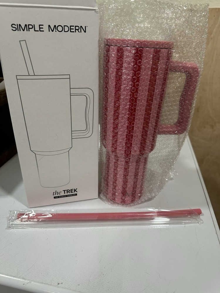 Simple Modern 40 oz Tumbler with Handle Pink and Red Stripped Stainless Steel