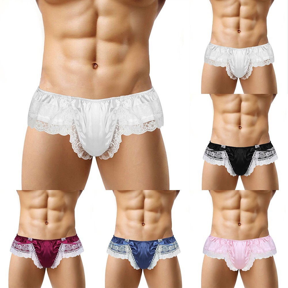 Men Sissy Lace See-through Panties Sexy Satin G-String Thong Briefs Underwear