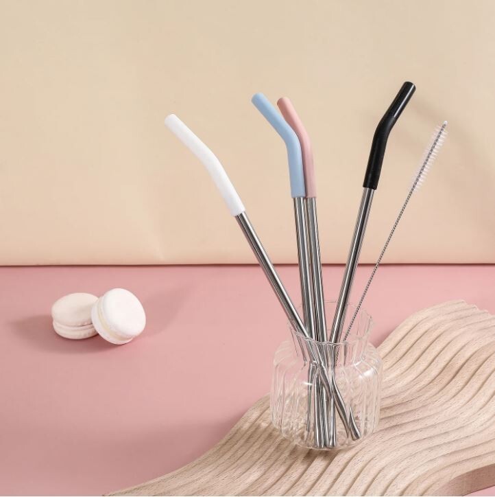 Set of 4 Reusable Metal Straws, Stainless Steel Straws with Cleaning Brush