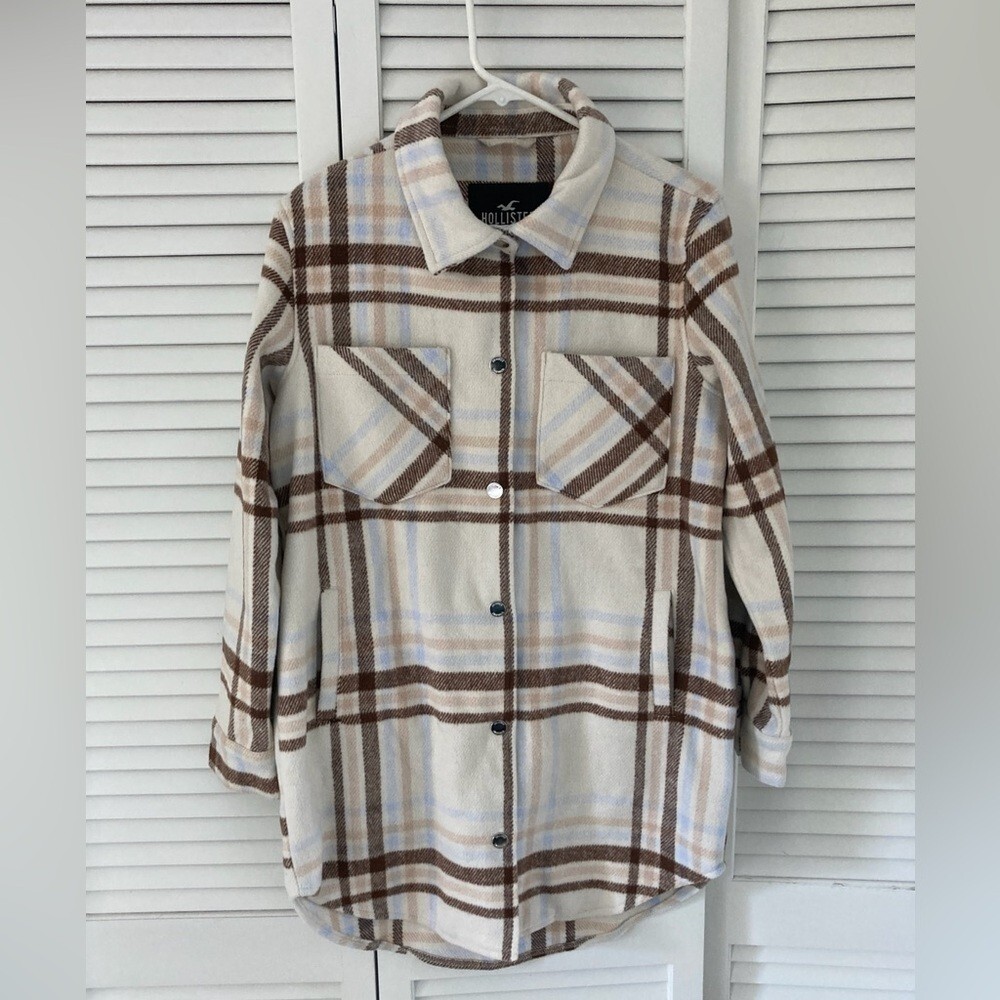 Women's Abercrombie Fitch Hollister Long Fleece Shacket Plaid Neutral Size Small