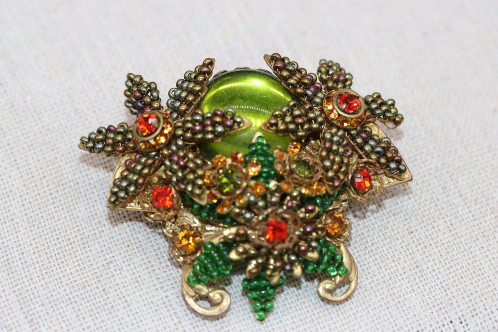 Vintage Signed Stanley Hagler Autumnal Flower Brooch Oranges Greens Gold Tone