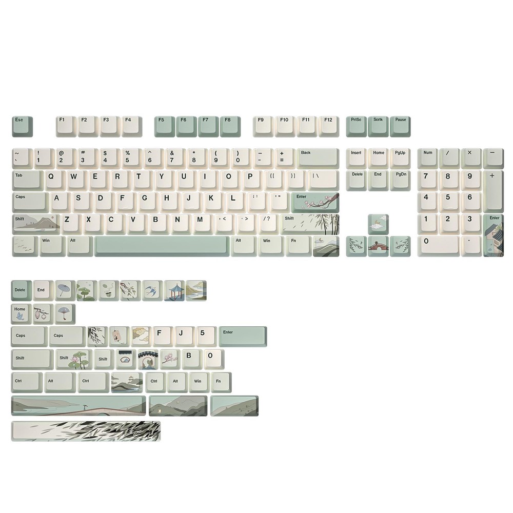 Spring Tea Dye Sublimation PBT Keycaps - 145 Full Keys Custom Design for Enhanced Typing Comfort and Durability