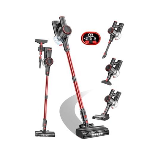 Cordless Vacuum Cleaner, 33Kpa 8-in-1 Stick Vacuum with LED Display & 3 Red