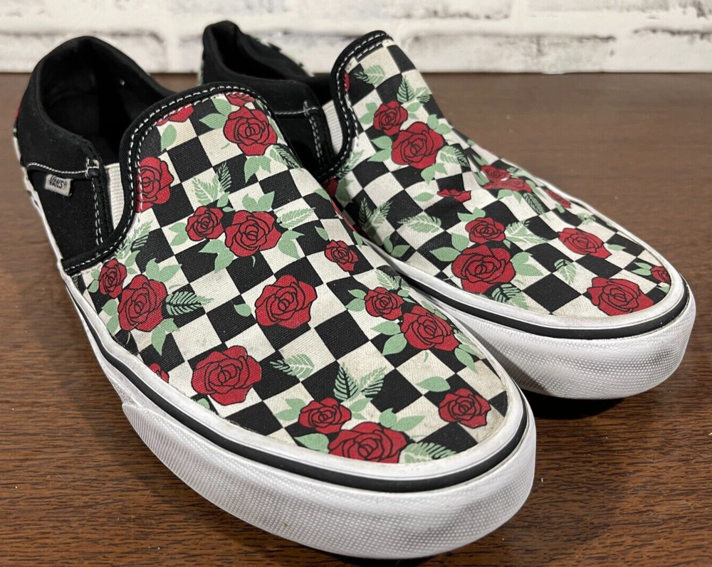 Vans Slip on Sneakers - 721356 - Womens Size 8.5 - B&W Checkered w/ Roses