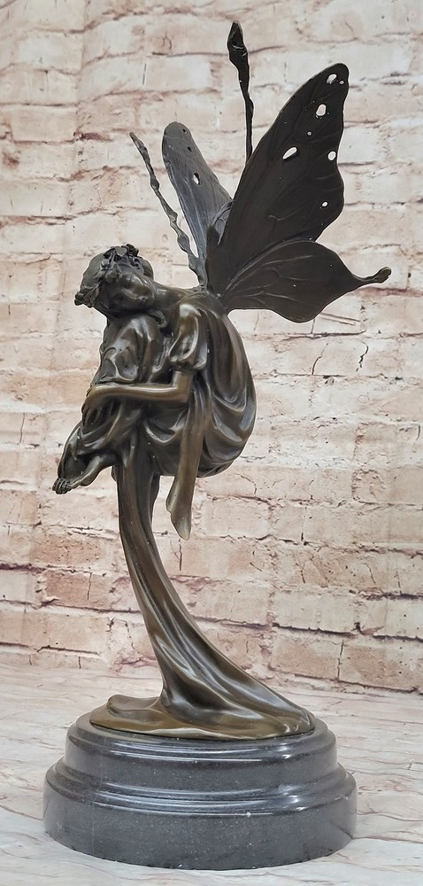 Western Pure Bronze Marble Fairy Nymph Angel Statue Art Deco Sculpture Figure