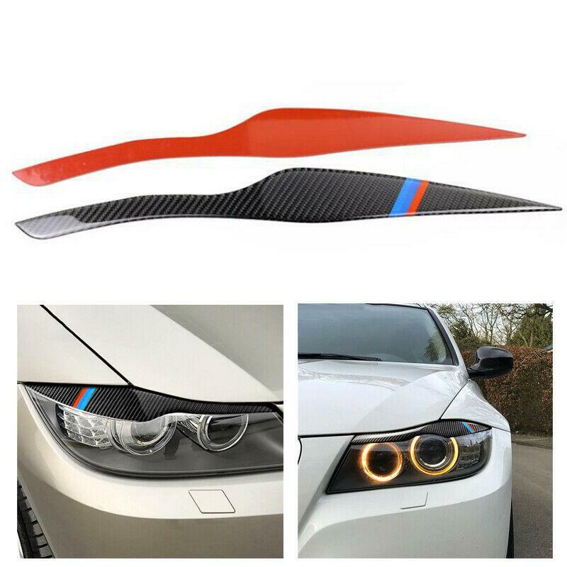 2Pc Black Headlight Eyelid Cover Carbon Fiber Car Decoration Sticker for BMW E91