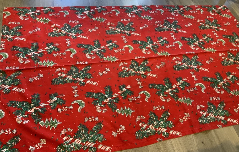 Vintage Rectangle Tablecloth, Christmas Decor, Red & Green, Candy Canes, Candy