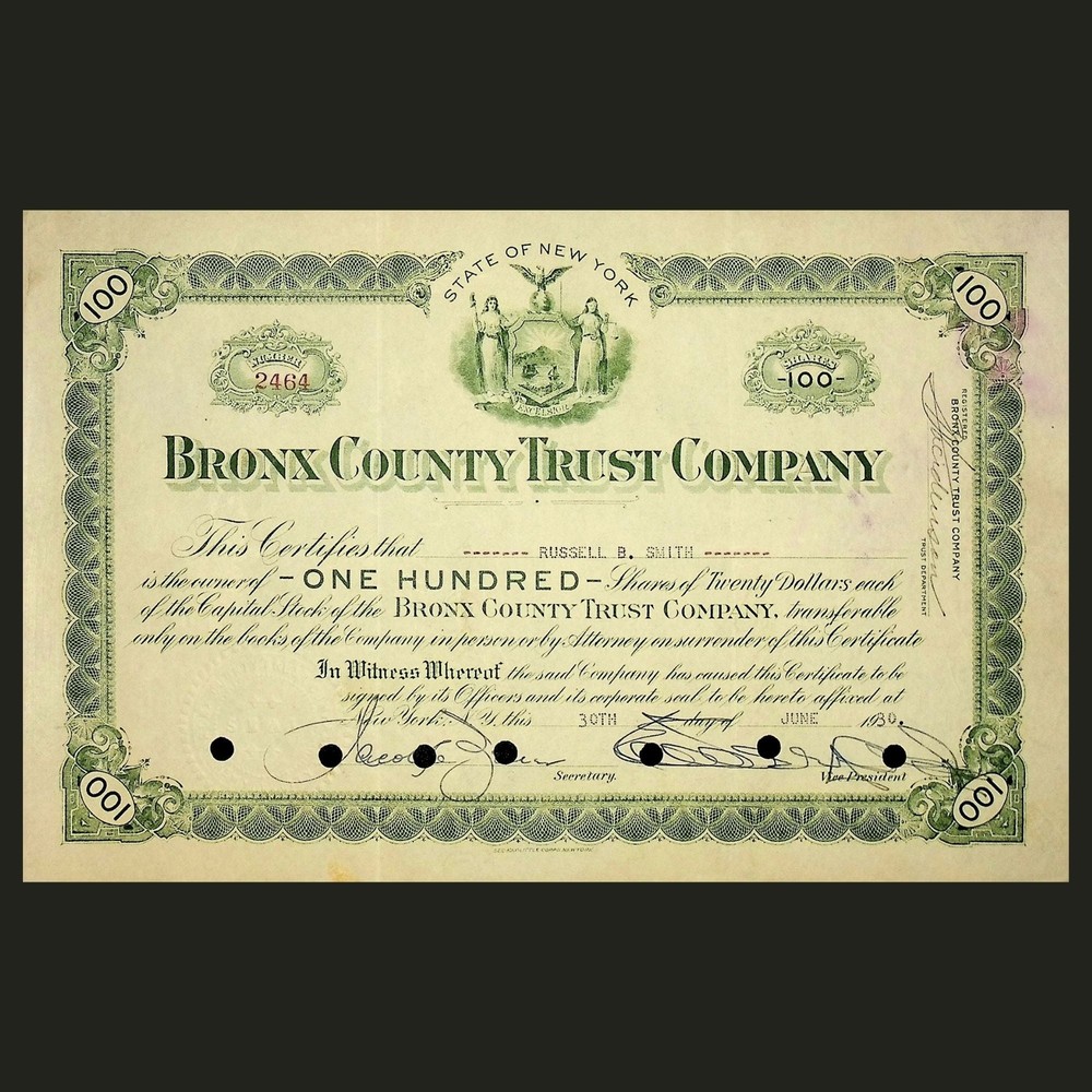 1930 Bronx County Trust Company Stock Certificate Vintage Collectible