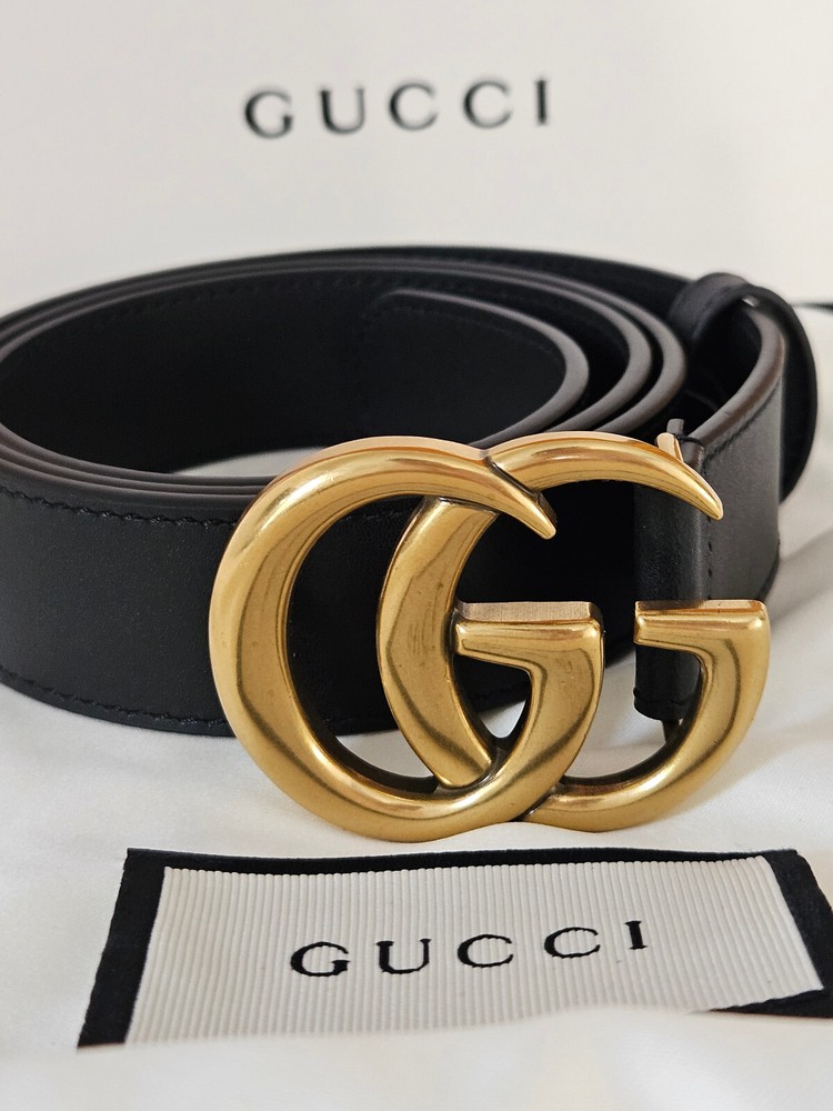 Slim Gucci Leather Belt 1 Inch Gold GG Buckle 80cm Women's Fashion