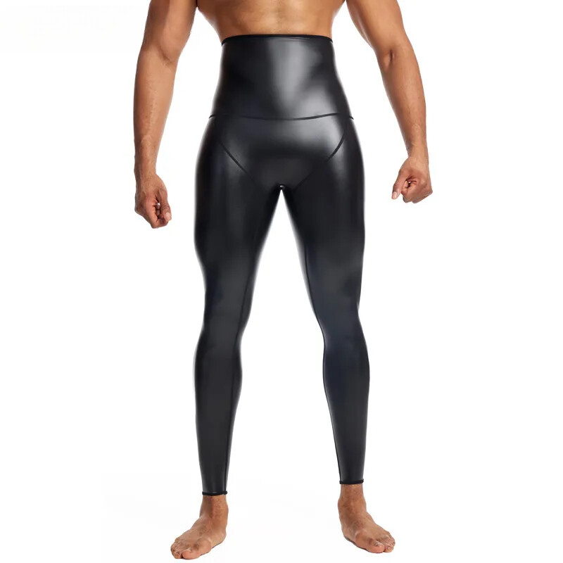 Men's Black High-Waist Leather Pants for Body Shaping & Waist Control