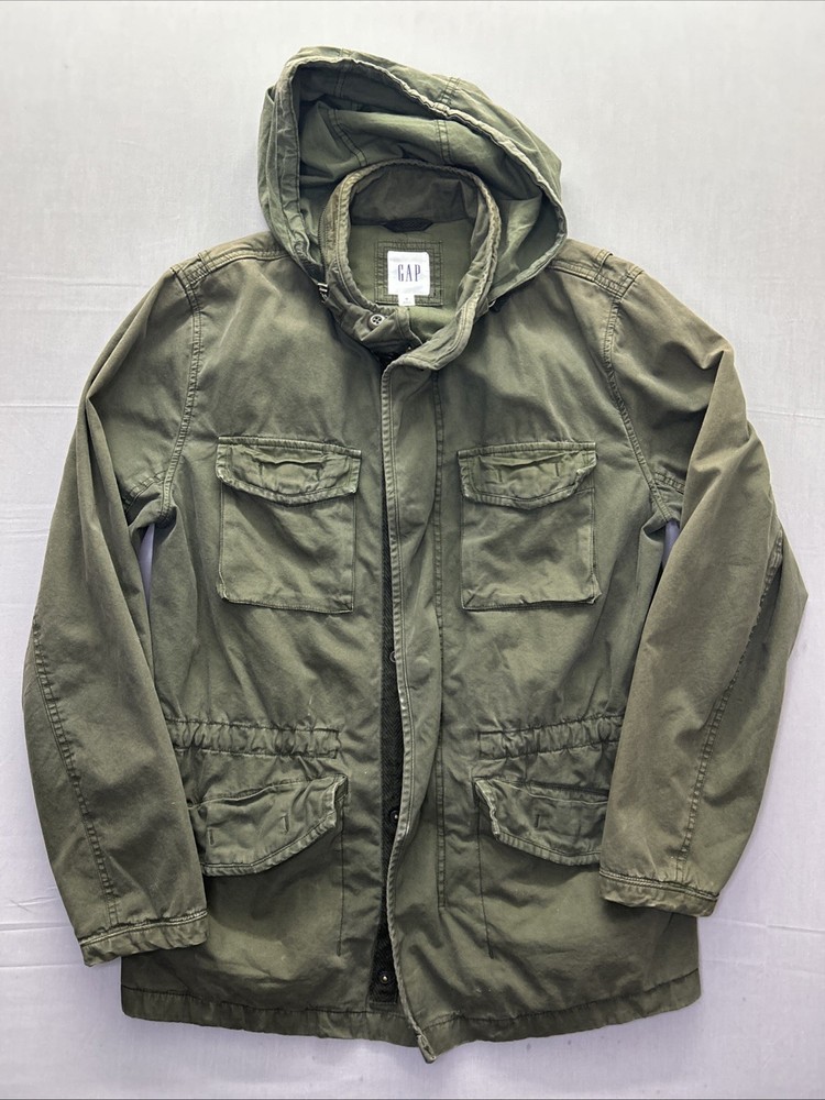 GAP Olive Field Jacket Mens Medium Hooded Military M65 Style Utility Coat Y2K